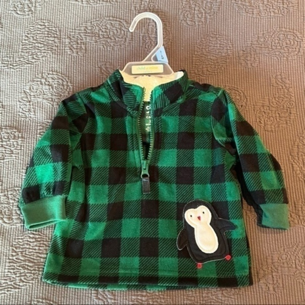 𝅺toddler Green/Black Buffalo Plaid and Penguin 1/2 Zip Pullover